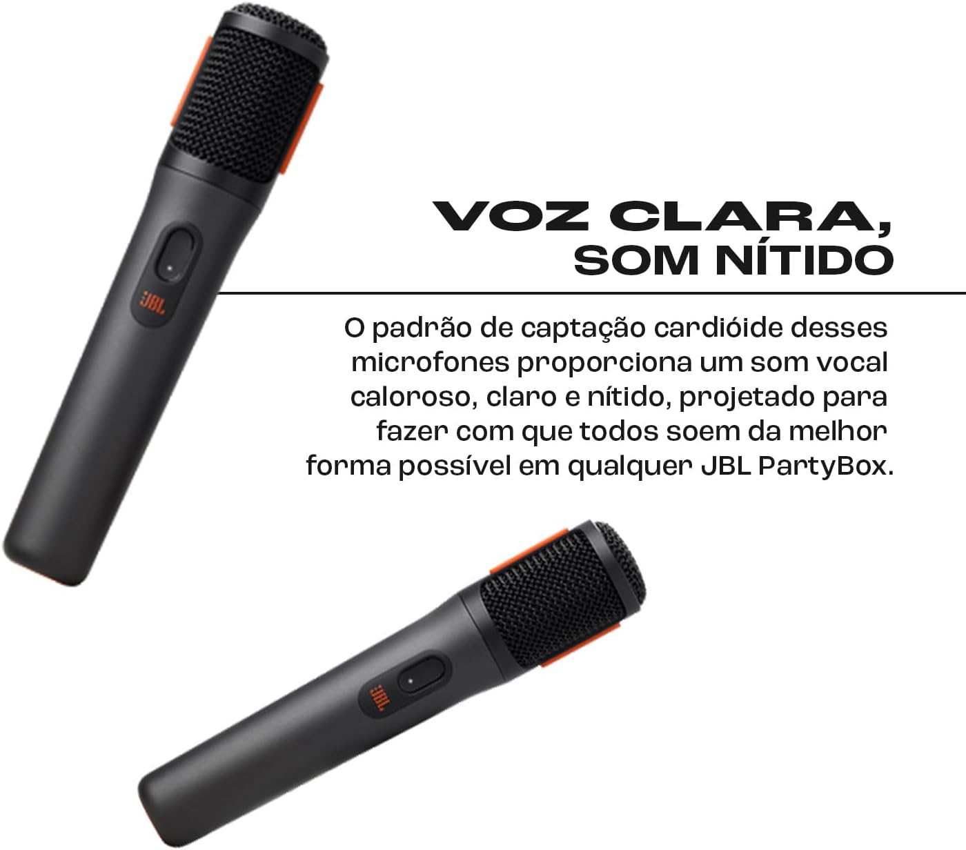 Microfones sem fio JBL PartyBox com captação cardióide para voz clara e som nítido.