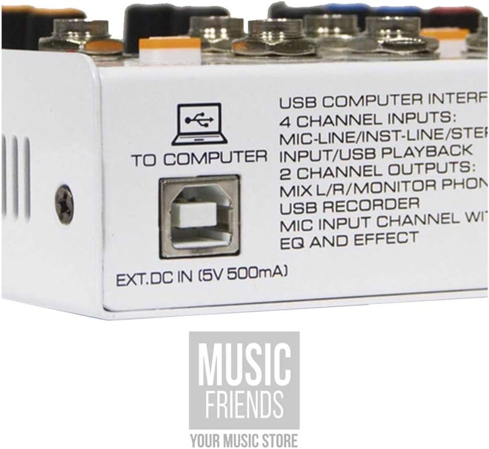 Mesa de som Lexsen REC4 USB vista lateral com porta USB e especificações técnicas impressas