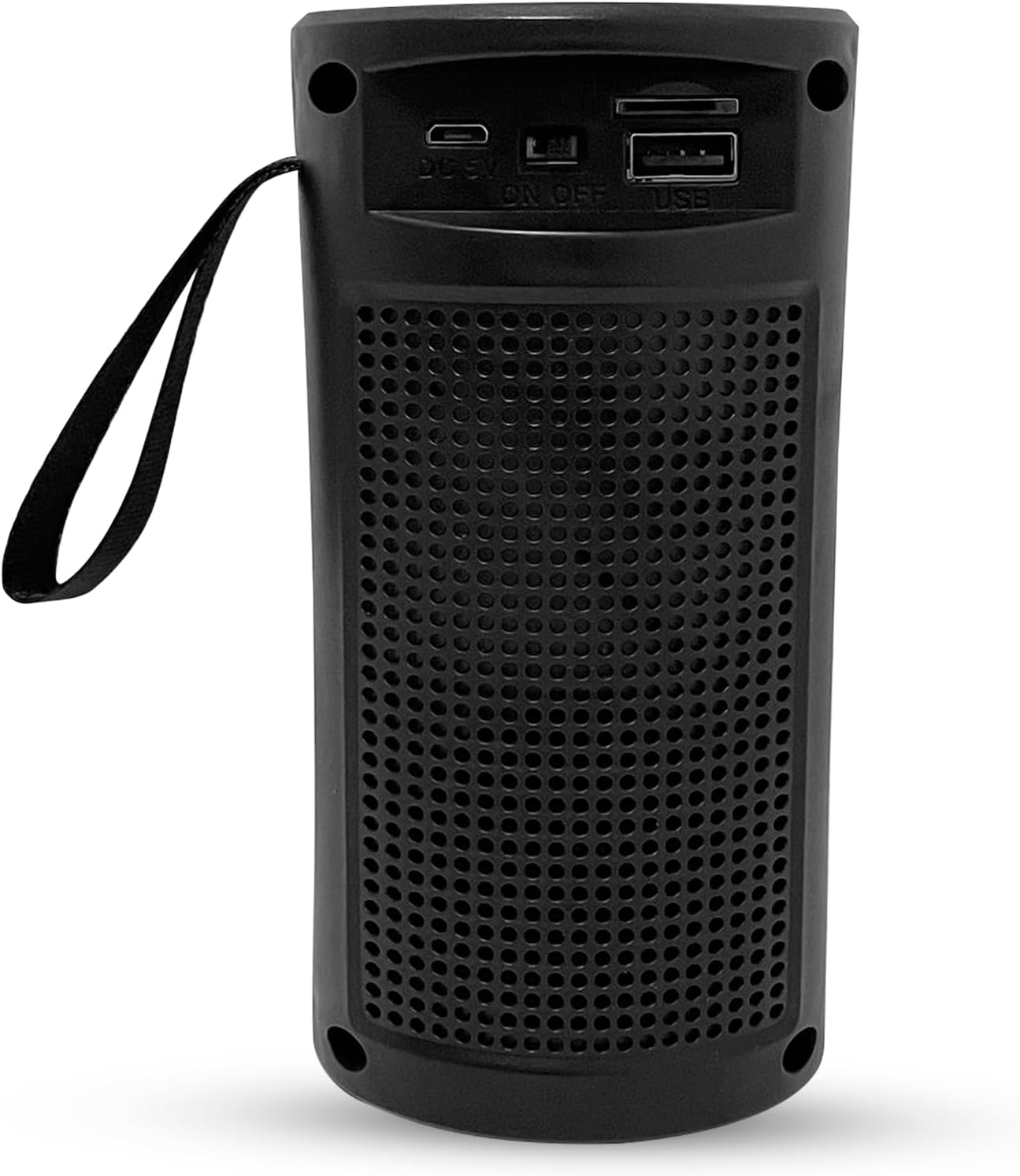 Parte traseira da caixa de som portátil Genérico D-Y04 preta com entradas USB, Micro SD, micro USB e alça para transporte.