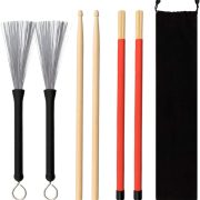 Conjunto de baquetas GOGHOST para bateria em madeira, varetas de bambu vermelhas, escovas com fios de arame e saco preto para transporte