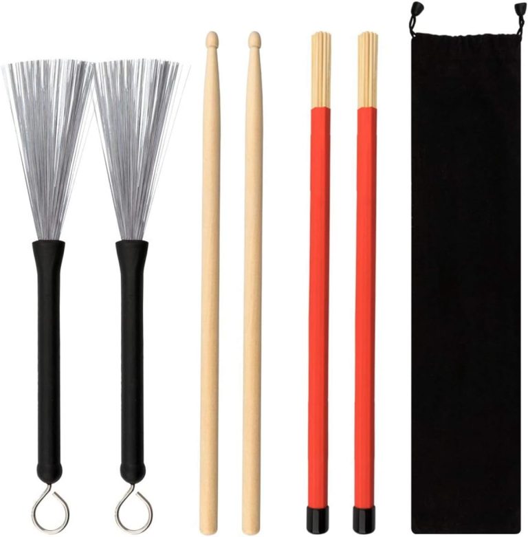 Conjunto de baquetas GOGHOST para bateria em madeira, varetas de bambu vermelhas, escovas com fios de arame e saco preto para transporte
