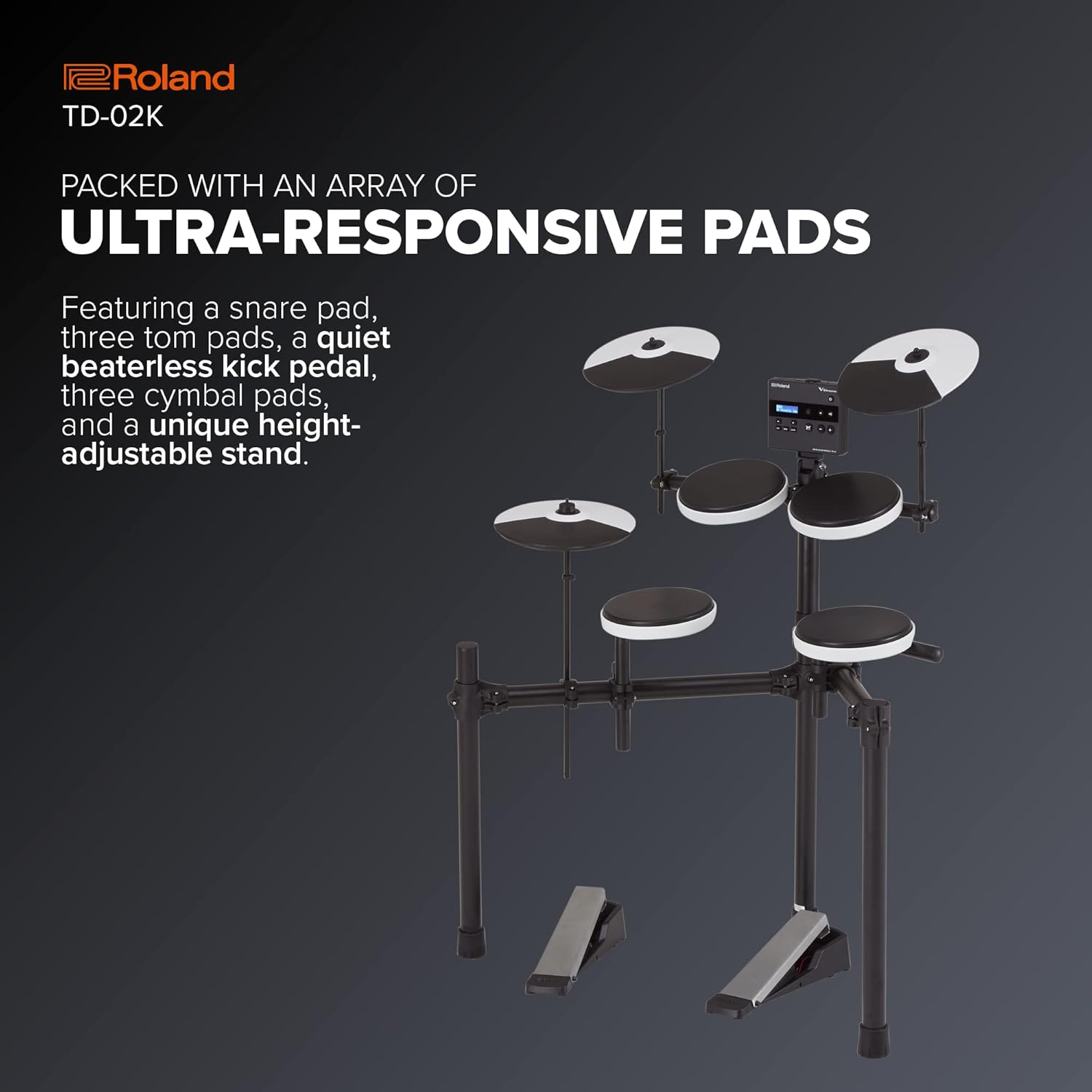 Bateria Roland TD-02K com pads ultra-responsivos e suporte ajustável, incluindo pedal silencioso sem baqueta.