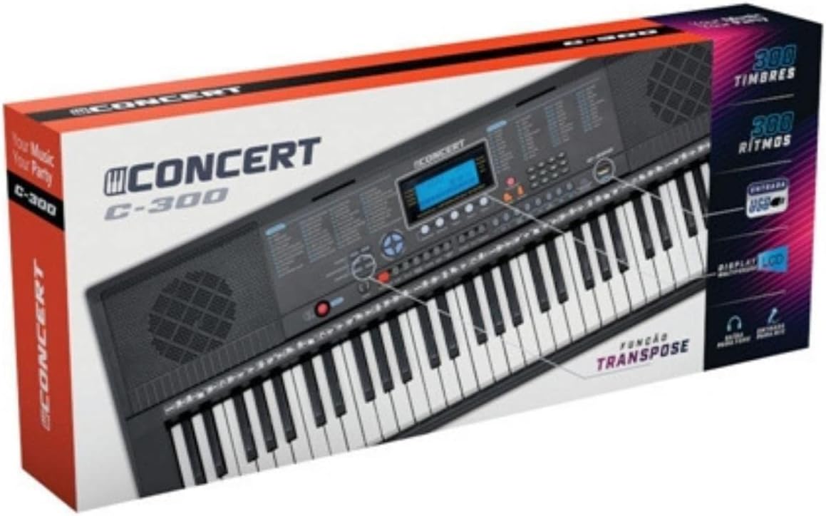 Embalagem do teclado musical Concert C-300 com 61 teclas, USB, 300 timbres e 300 ritmos