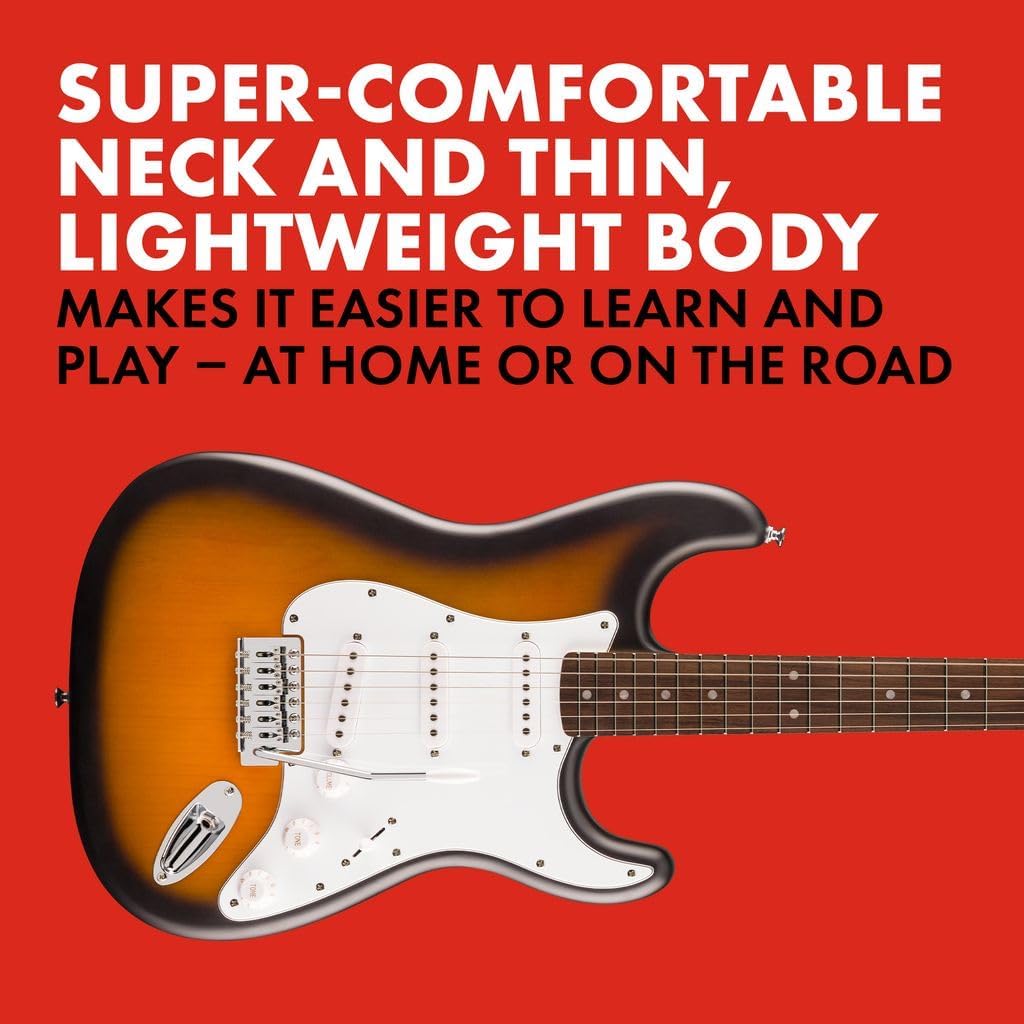 Guitarra Fender Squier Debut Series com braço confortável e corpo leve para fácil aprendizado