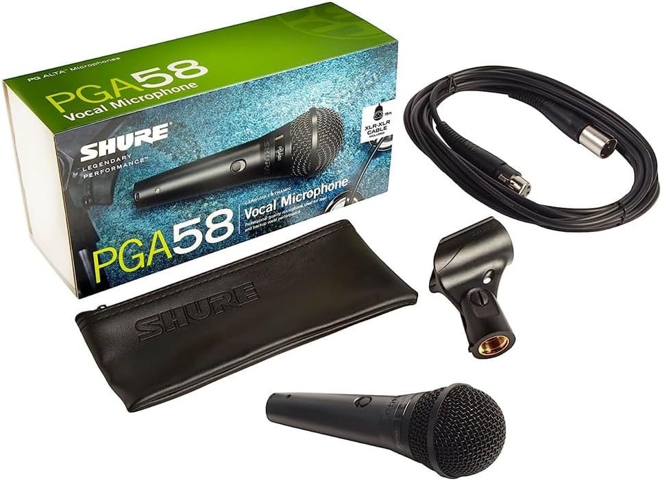 Kit microfone vocal Shure PGA58 com cabo XLR, suporte e estojo protetor