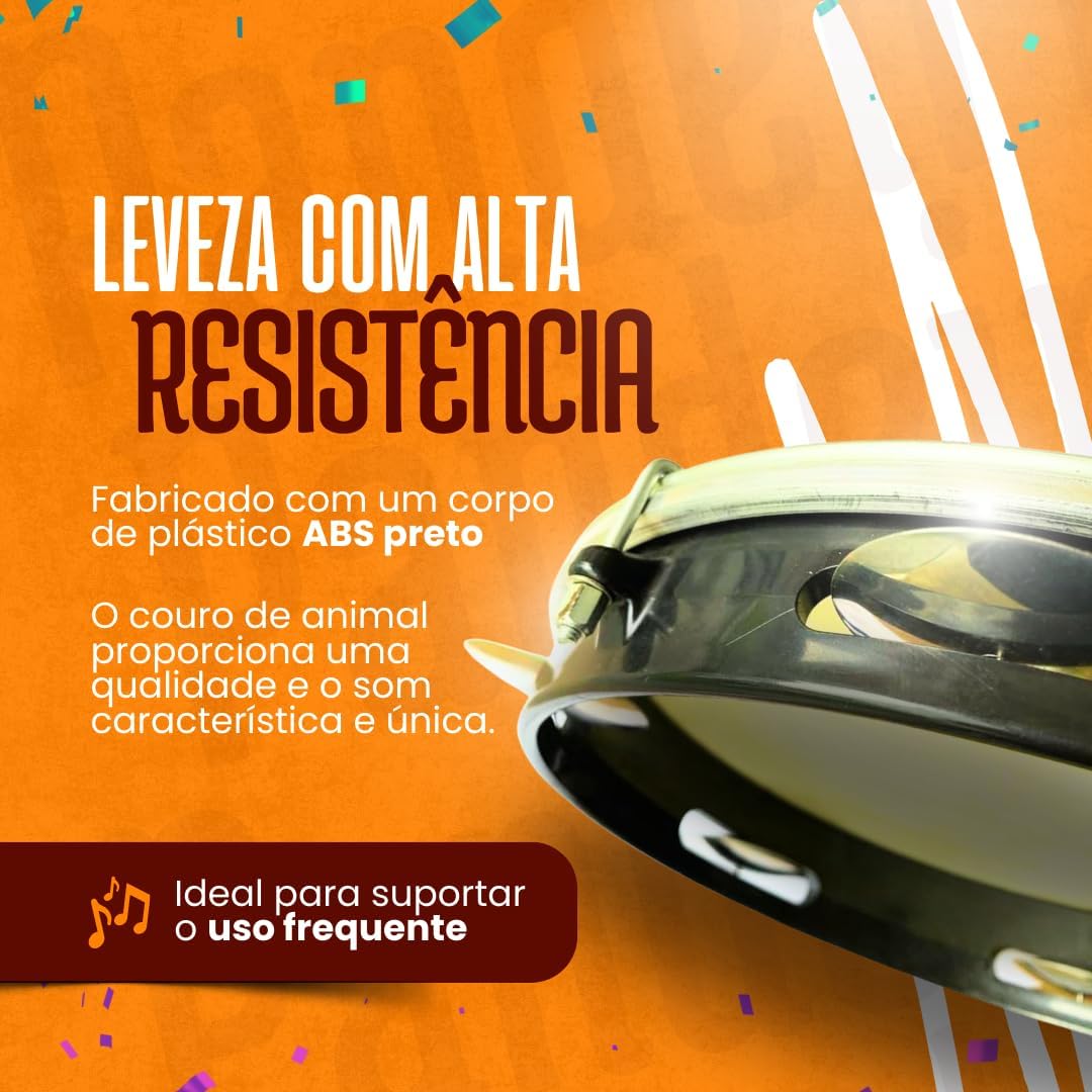 Pandeiro Zaidan's profissional com corpo em plástico ABS preto e couro caprino natural, leve e resistente para uso frequente.