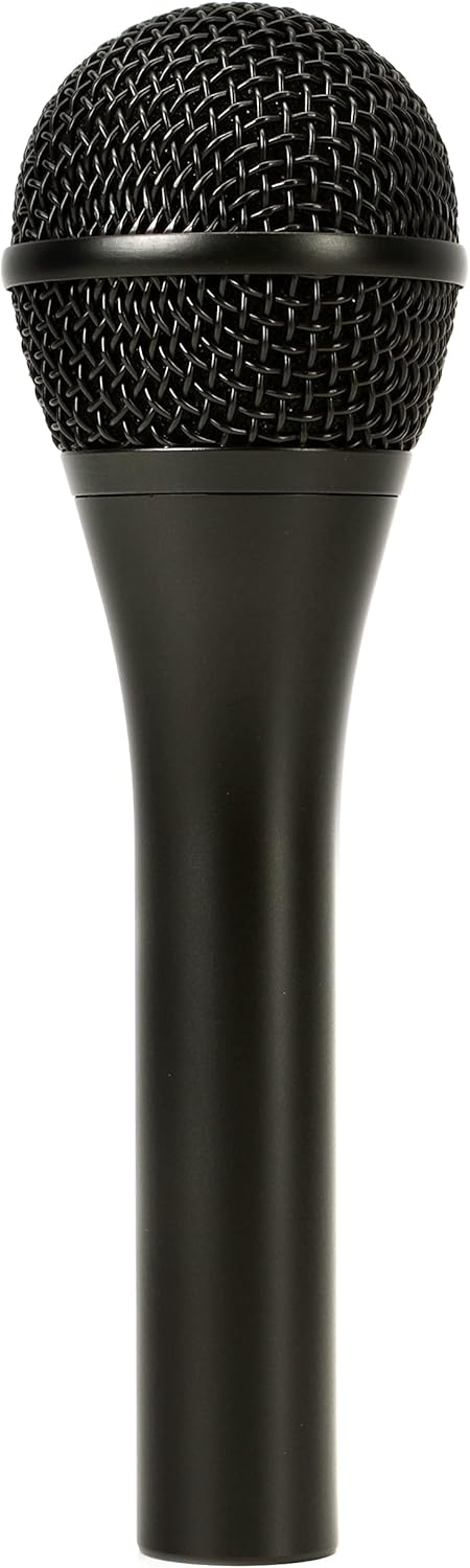 Grade metálica e corpo preto do microfone Audix OM5 com acabamento fosco.