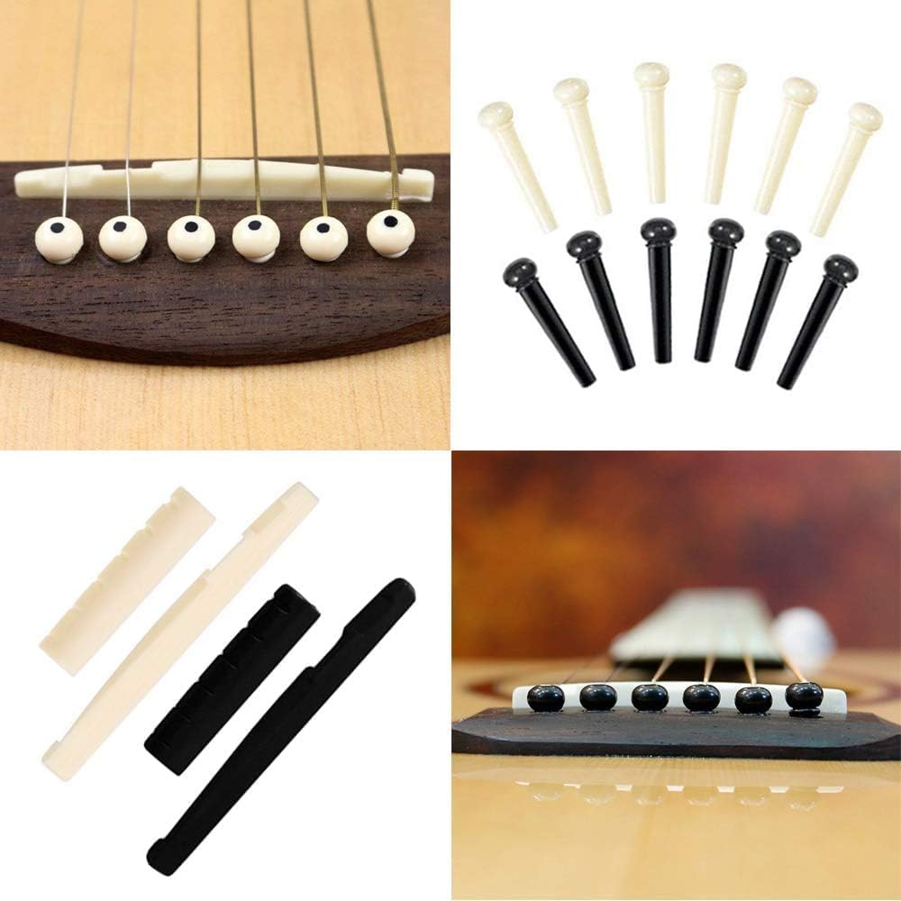 Pinos pretos e brancos para guitarra, compensadores e cordas fixadas na ponte.