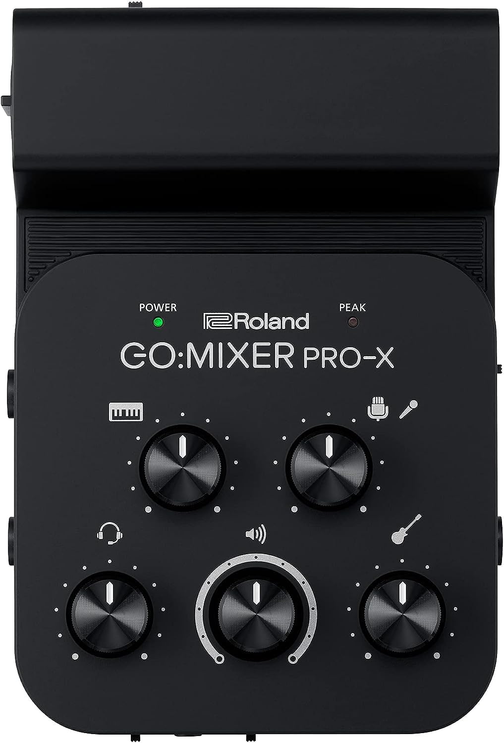 Interface de áudio portátil Roland GO:MIXER PRO-X em preto vista superior com botões de controle de volume