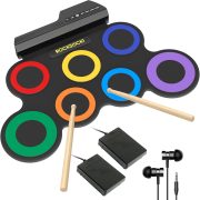 Bateria eletrônica infantil portátil ROCKSOCKI com 7 pads coloridos, baquetas, pedais e fone de ouvido incluído