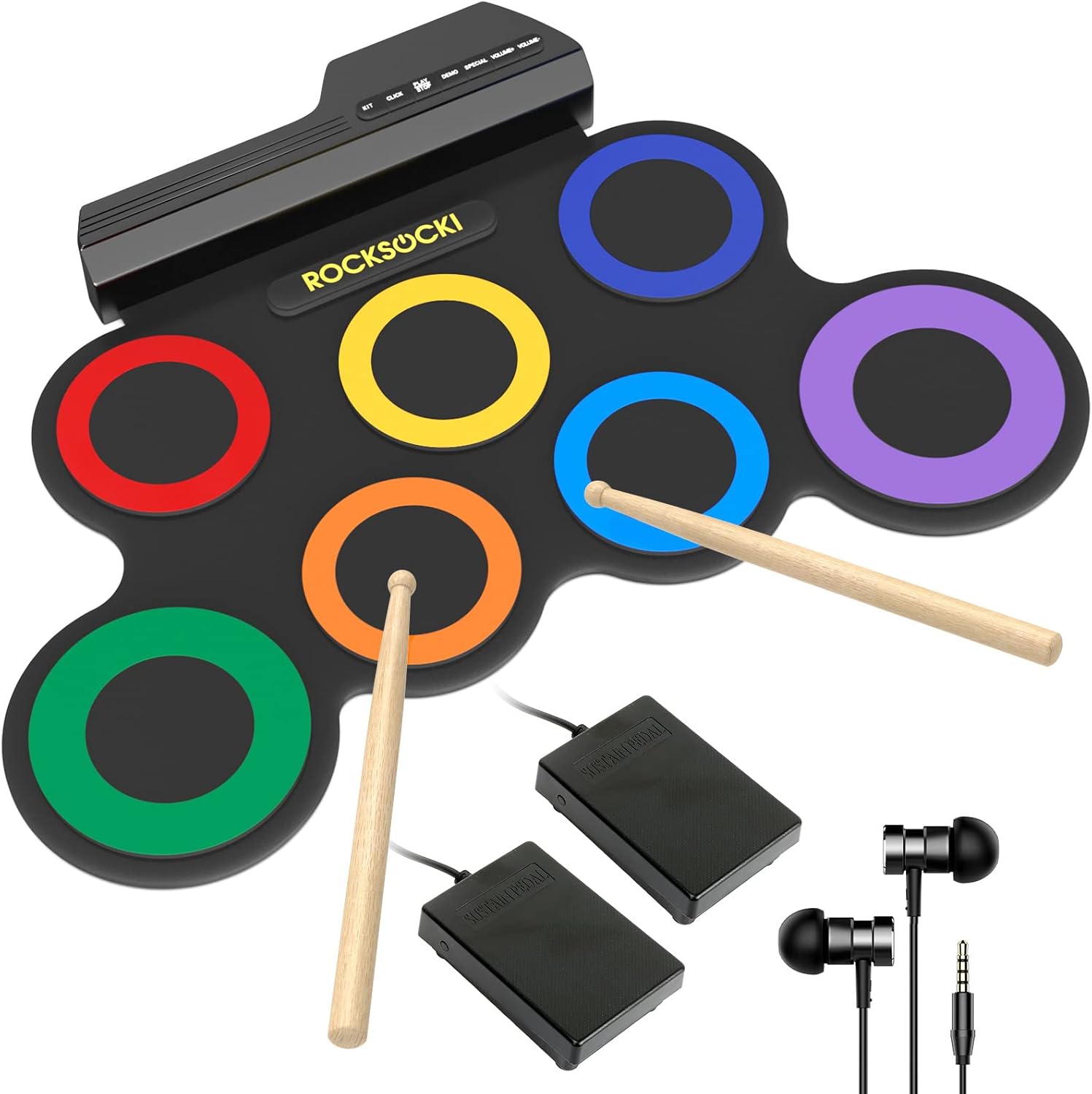 Bateria eletrônica infantil portátil ROCKSOCKI com 7 pads coloridos, baquetas, pedais e fone de ouvido incluído