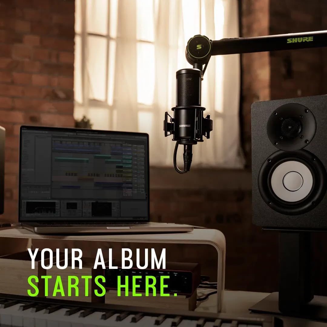 Microfone Shure SM4 montado em braço articulado em estúdio caseiro para gravação de álbum.