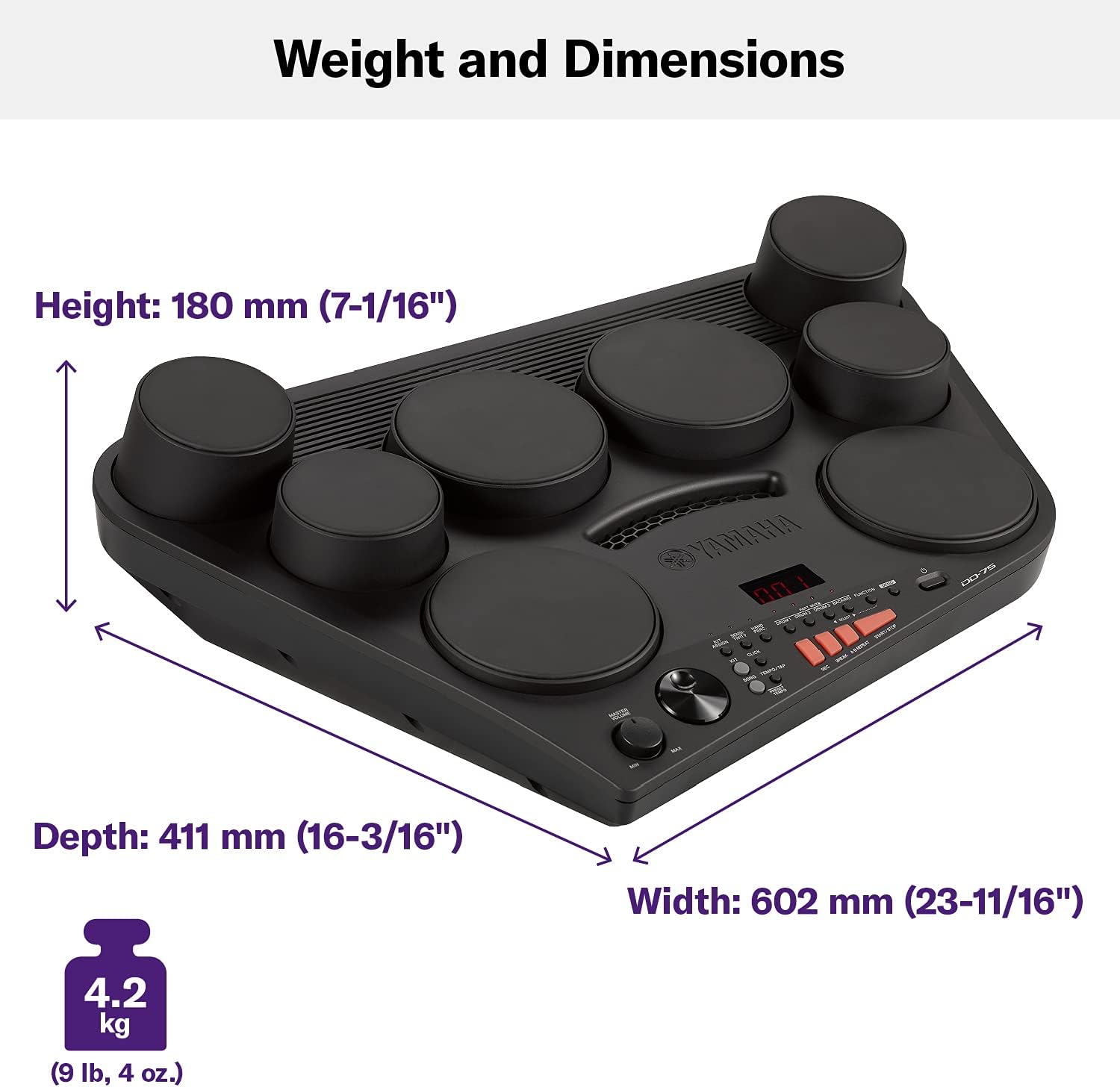 Dimensões e peso da bateria eletrônica portátil Yamaha DD75, altura 180 mm, largura 602 mm, profundidade 411 mm, peso 4,2 kg
