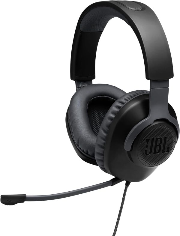 Headset gamer JBL Quantum 100 preto com microfone removível e cabo trançado