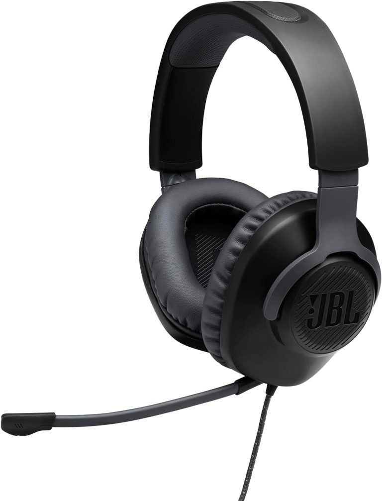 Headset gamer JBL Quantum 100 preto com microfone removível e cabo trançado