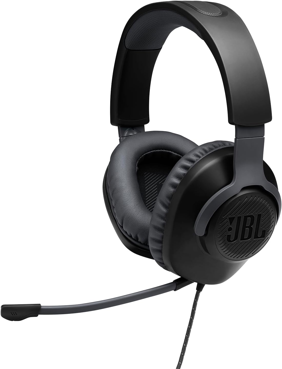 Headset gamer JBL Quantum 100 preto com microfone removível e almofadas confortáveis.