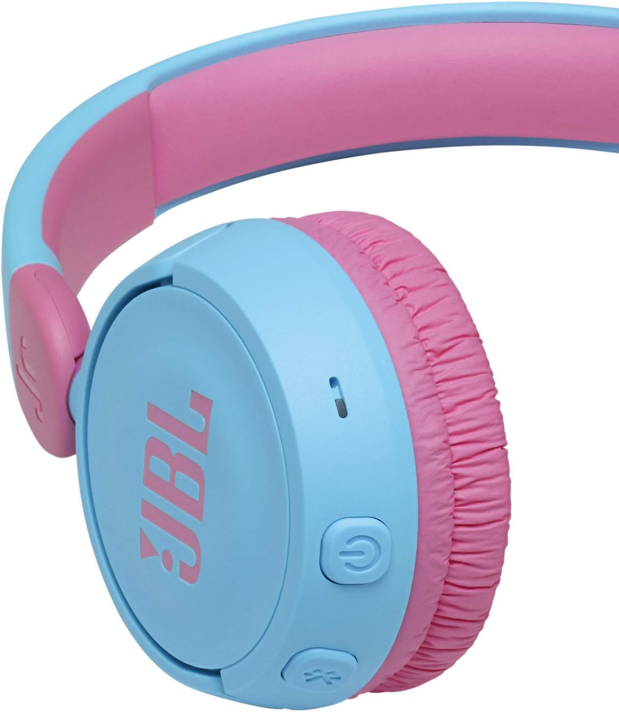 Fone de ouvido infantil JBL JR310BT azul claro e rosa com botões de controle e limite de volume seguro