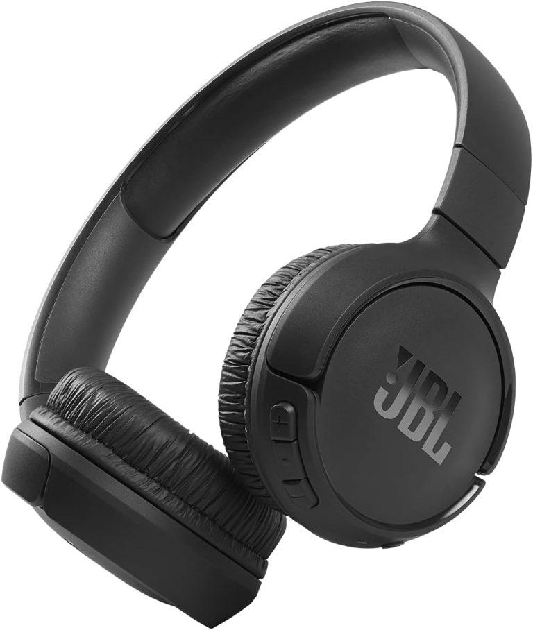 Fone de ouvido Bluetooth JBL Tune 510BT preto com almofadas acolchoadas e controle de volume.