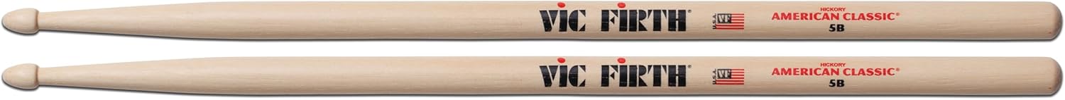 Par de baquetas Vic Firth American Classic 5B em nogueira com impressão da marca e modelo