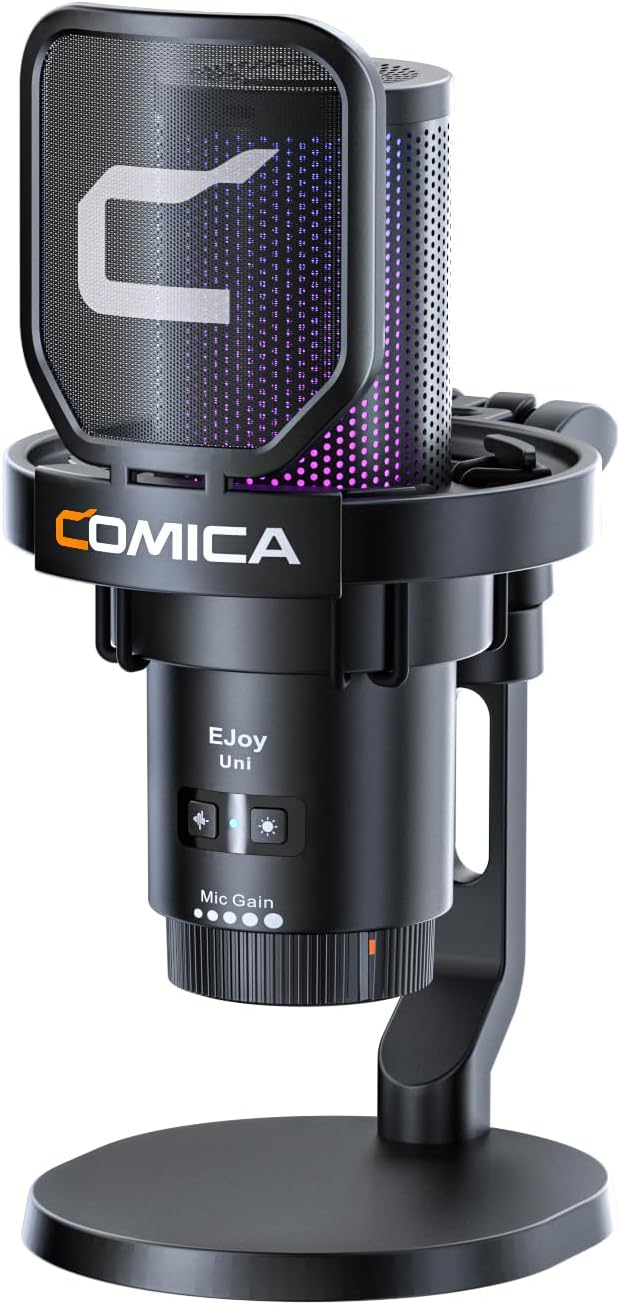 Microfone condensador USB COMICA EJoy Uni preto com iluminação RGB roxa e suporte de mesa.