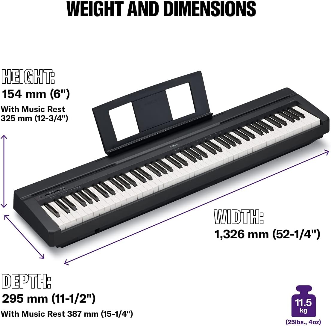 Dimensões e peso do Yamaha P-45B piano digital portátil com teclado GHS