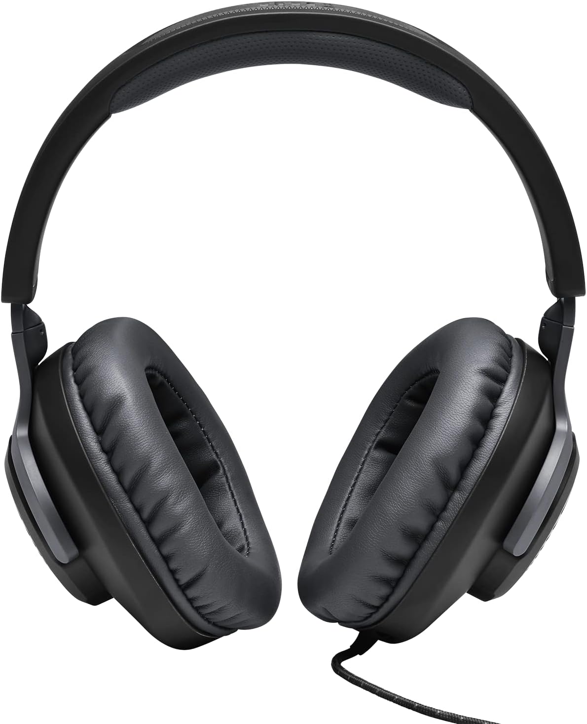 Visão frontal do headset gamer JBL Quantum 100 preto com almofadas acolchoadas
