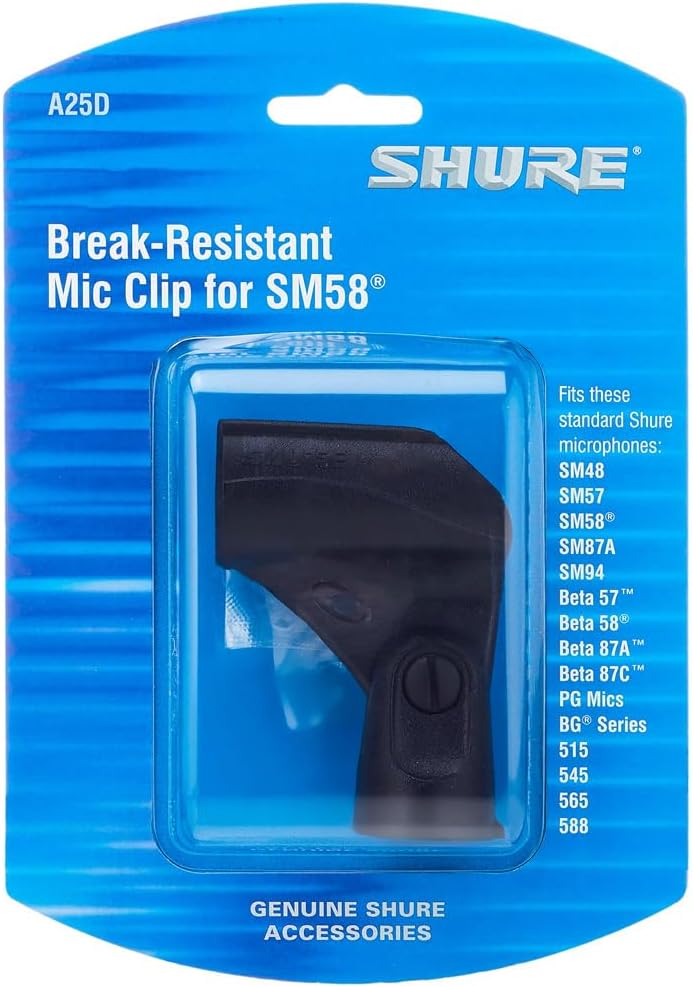 Embalagem azul com clipe Shure A25D resistente para microfone com lista de compatibilidade