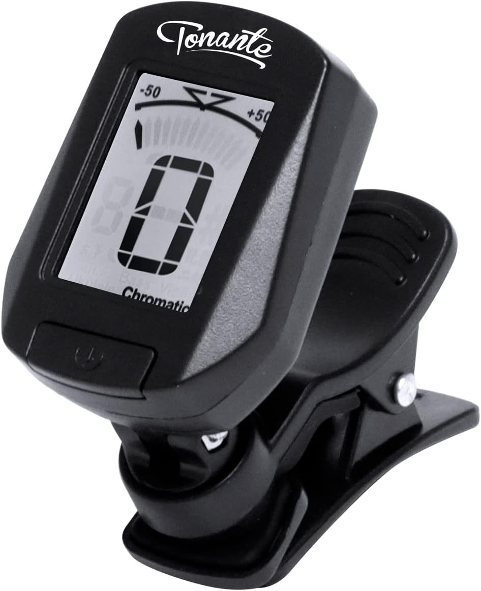 Afinador digital cromático Tonante AF10 preto com tela LCD e clip para fixação.
