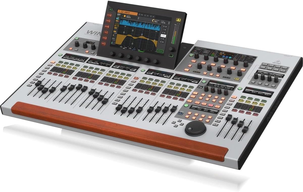 Mesa de som digital Behringer Wing com 48 canais 24 faders touchscreen vista angular