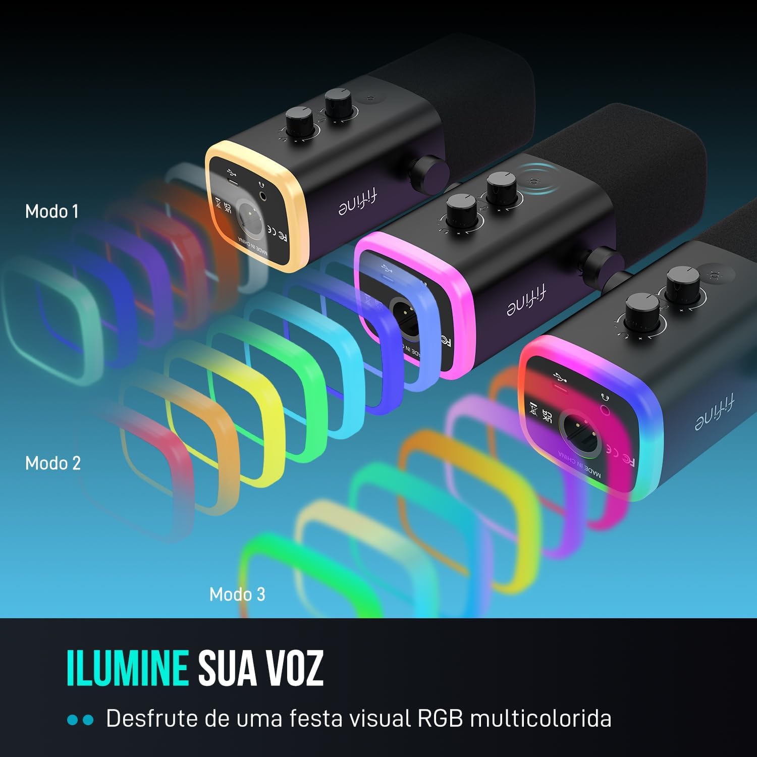 Microfones FIFINE AM8 com modos de iluminação RGB multicolorida para personalização visual