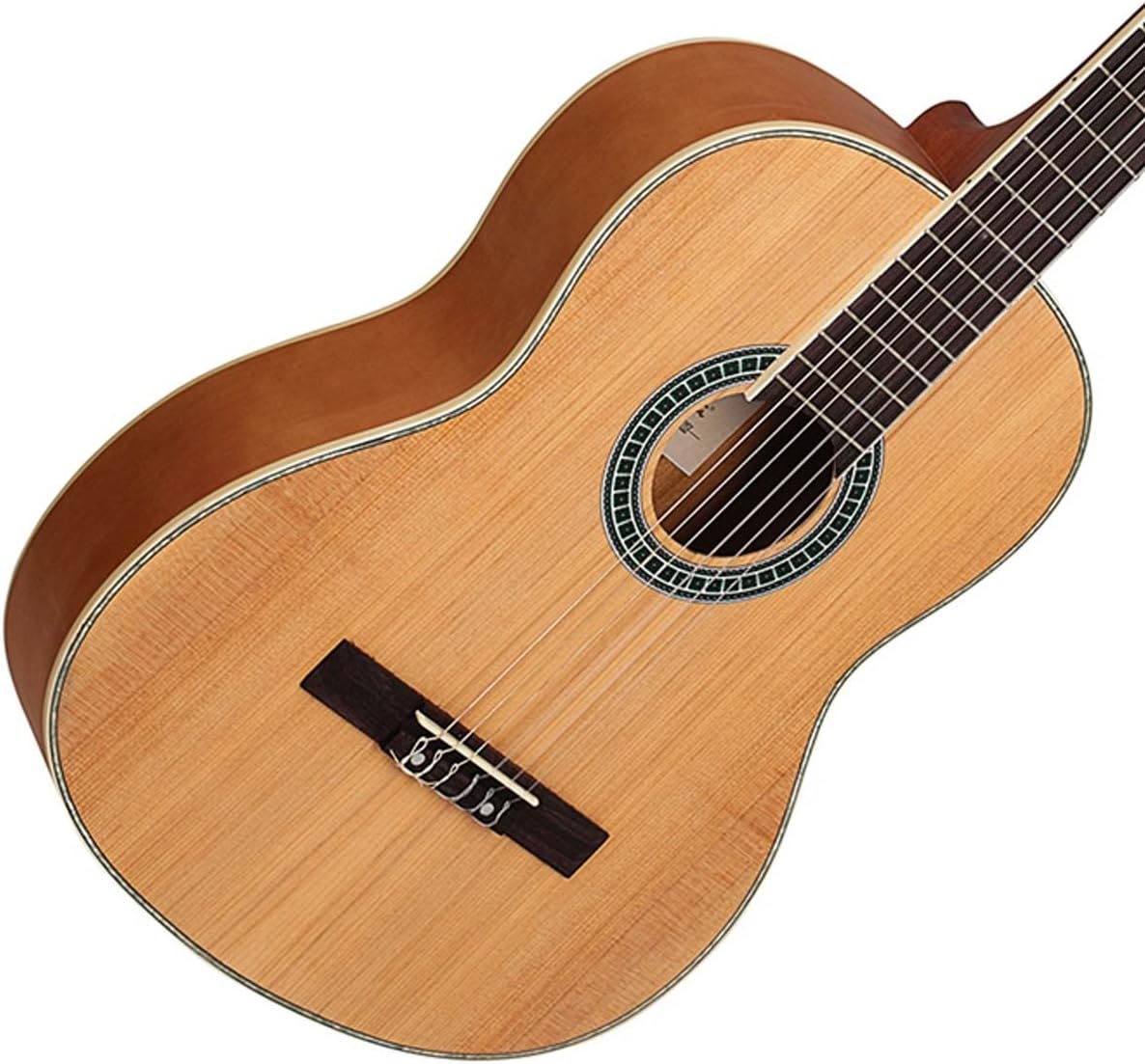 Detalhe do tampo do violão clássico Tagima natural acetinado com cordas de náilon