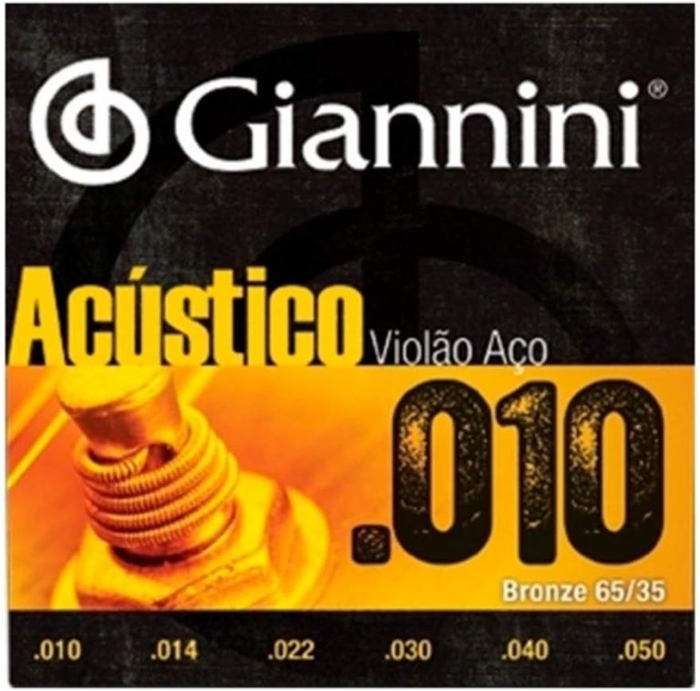 Giannini encordoamento para violão acústico aço bronze 65/35 calibre .010 com medidas das cordas .010 .014 .022 .030 .040 .050