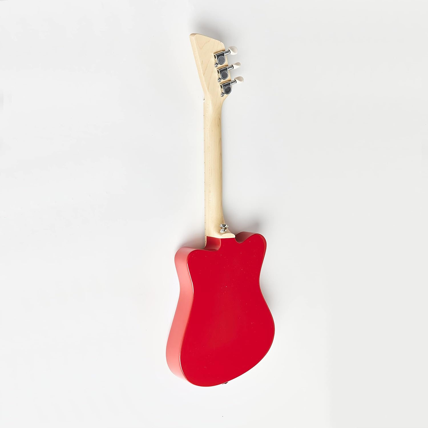 Parte traseira da guitarra acústica infantil Loog Mini vermelha com 3 cordas