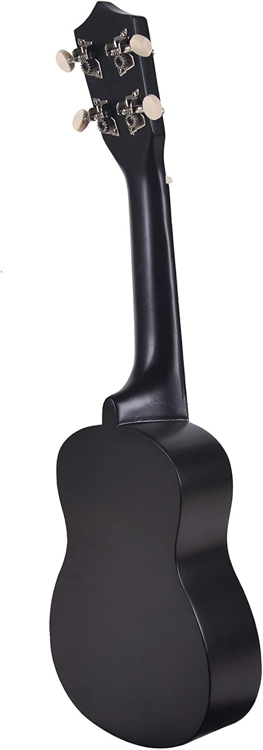 Ukulele Makanu 01UK soprano preto, vista traseira do braço e corpo com cravelhas em metal.
