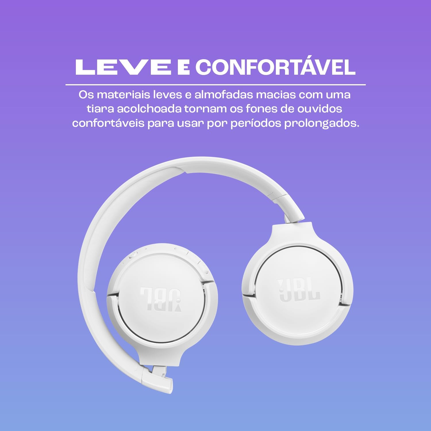 Fone JBL Tune 520BT branco leve e confortável com almofadas macias e design dobrável.