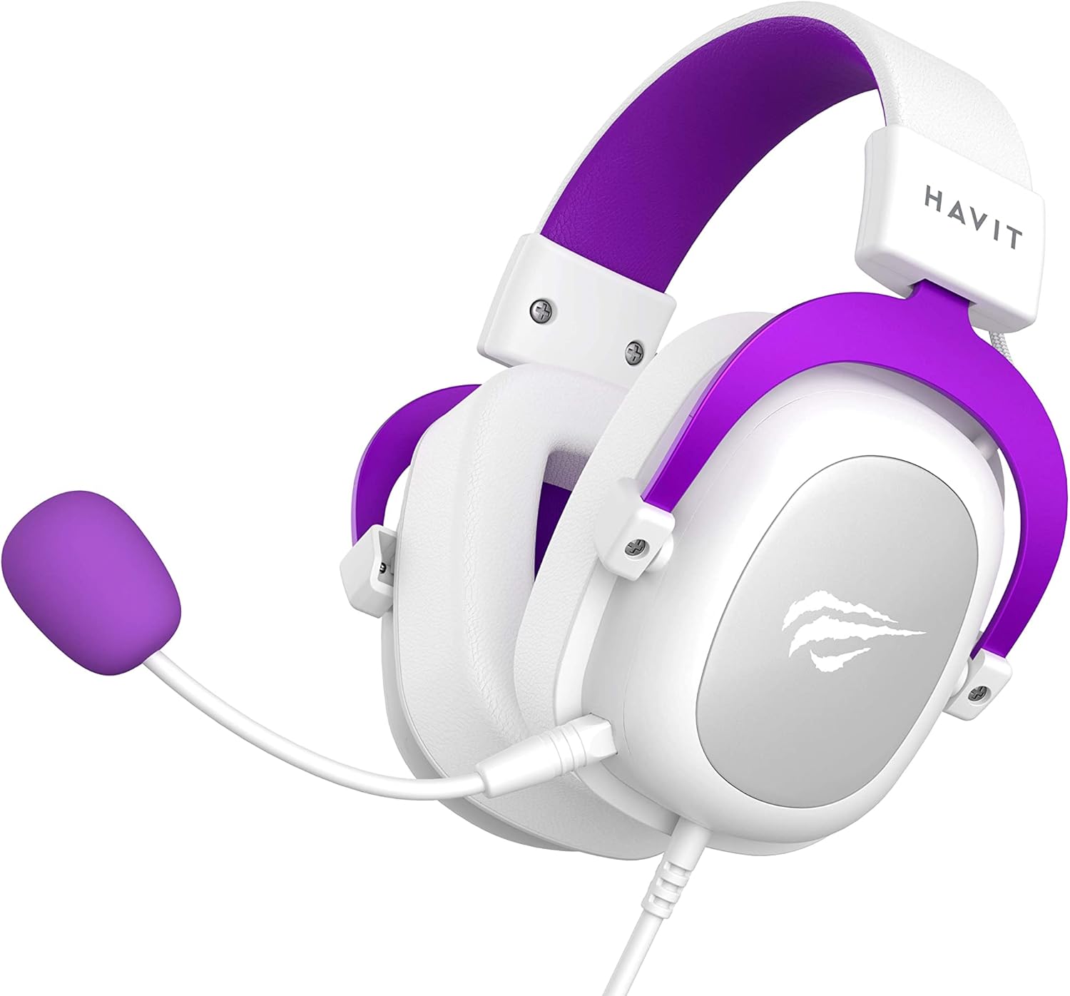 Fone de ouvido gamer Havit HV-H2002d branco com detalhes em roxo e microfone flexível