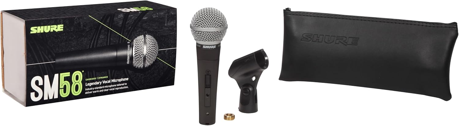 Kit do microfone Shure SM58S com suporte, anel adaptador e bolsa de transporte preta com logo Shure