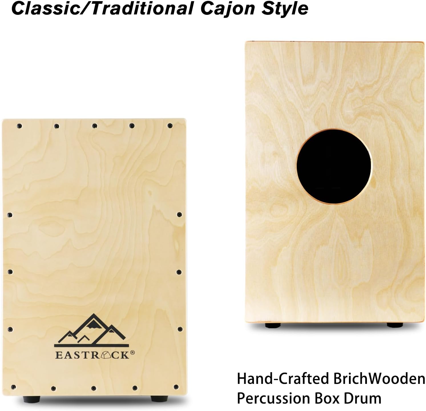 Cajon EASTROCK estilo clássico com madeira bétula e abertura traseira para som.