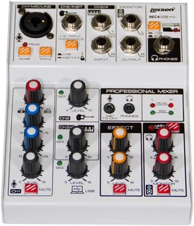 Mesa de som Lexsen REC4 USB 4 canais com Bluetooth, controle de volume e efeitos, entradas XLR e P10, saída para fones
