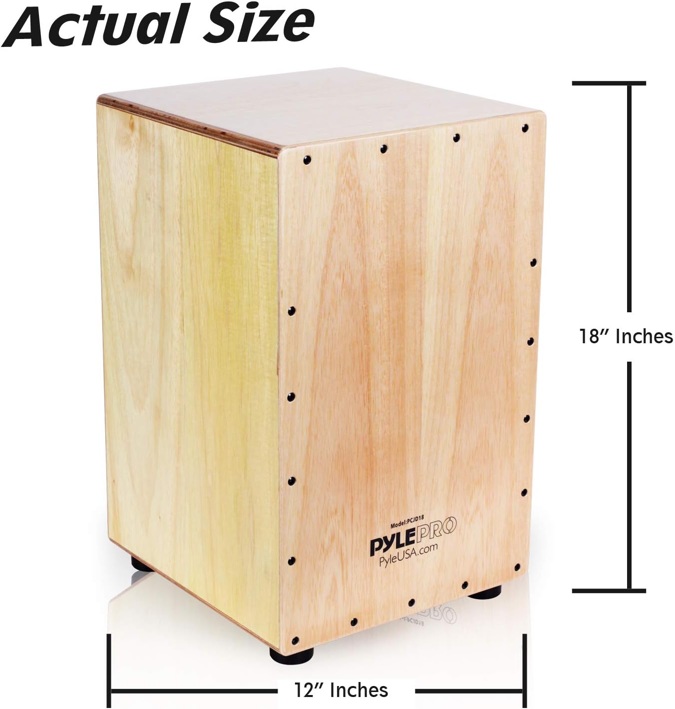 Cajon Pyle String PCJD18 com dimensões reais 18x12 polegadas, madeira clara e pés de borracha.