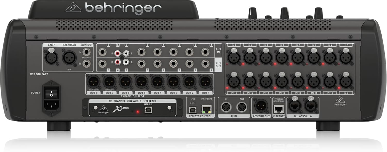 Conexões traseiras da mesa Behringer X32 COMPACT com múltiplas entradas e saídas XLR, USB, Ethernet e MIDI