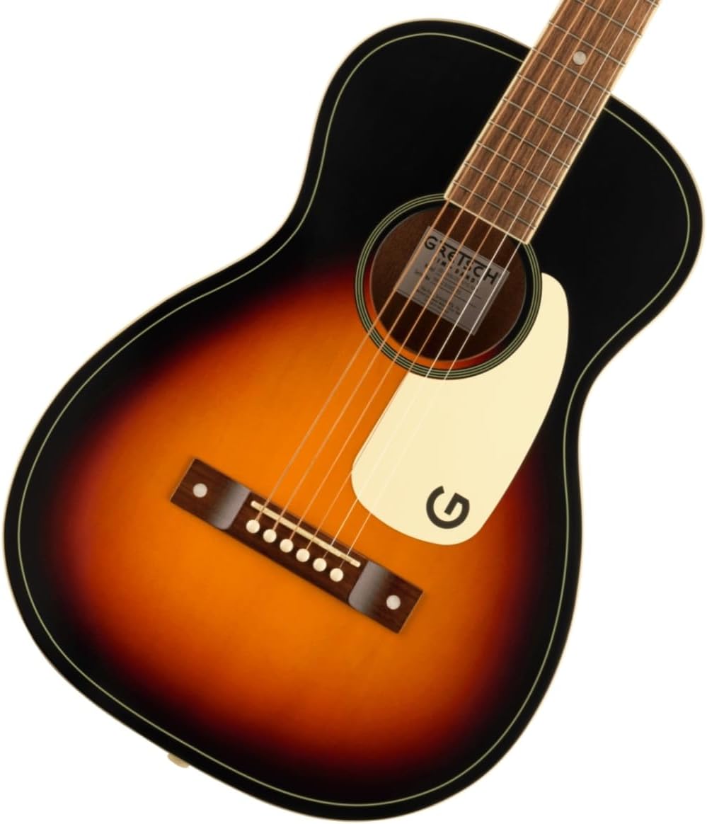 Violão acústico Gretsch Jim Dandy Parlor com acabamento sunburst e escala de nogueira em vista frontal.