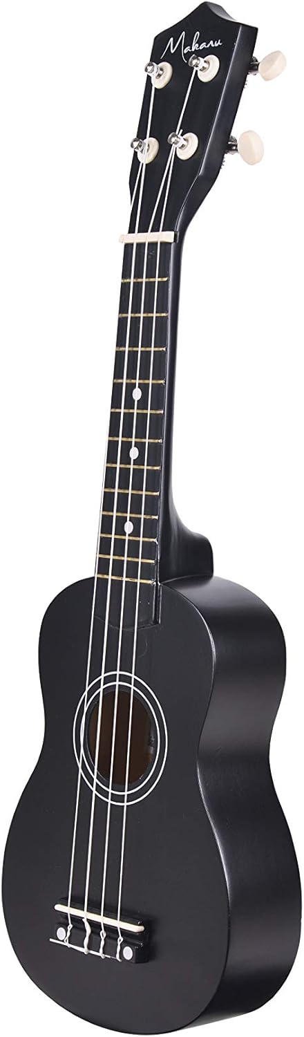 Ukulele soprano acústico preto Makanu 01UK vista frontal do braço e cabeça com trastes e cordas.