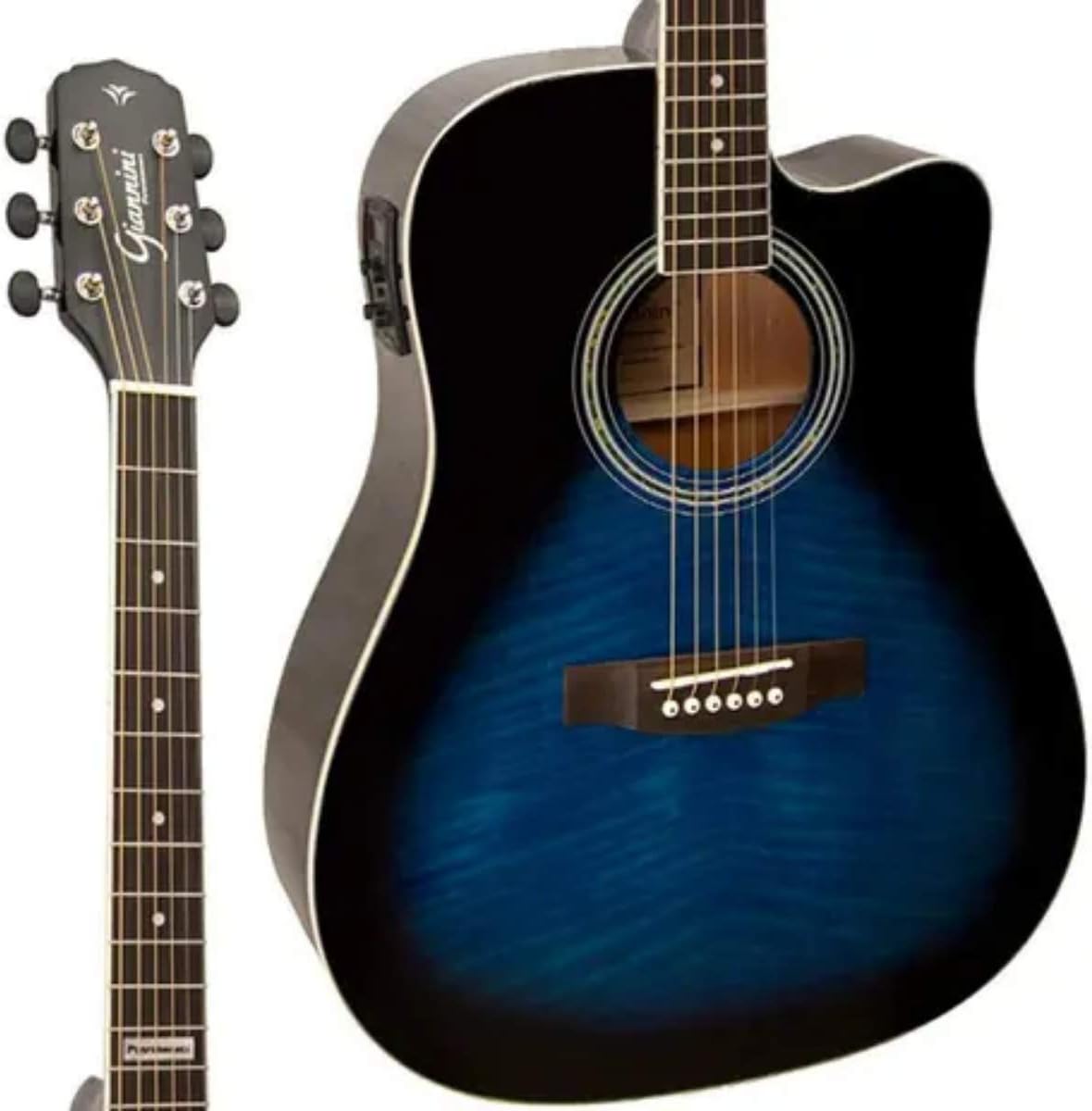 Violão eletroacústico Giannini Dreadnought FOLK Cutaway Dark Blue Burst com corpo e braço em azul e preto, captador embutido, tarraxas cromadas.