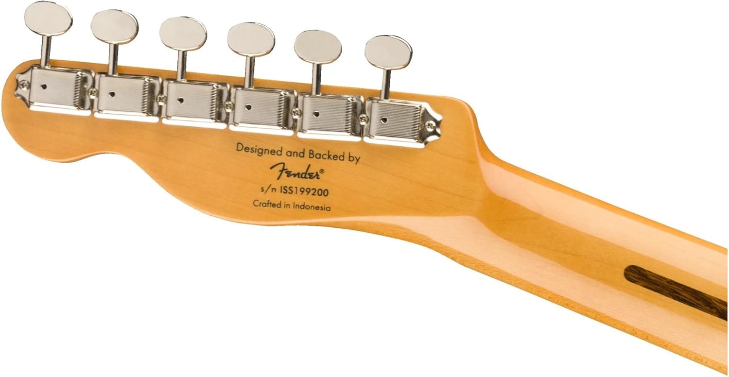 Traseira do braço da guitarra Squier Classic Vibe '50s com tarraxas cromadas e inscrição Fender Indonesia.