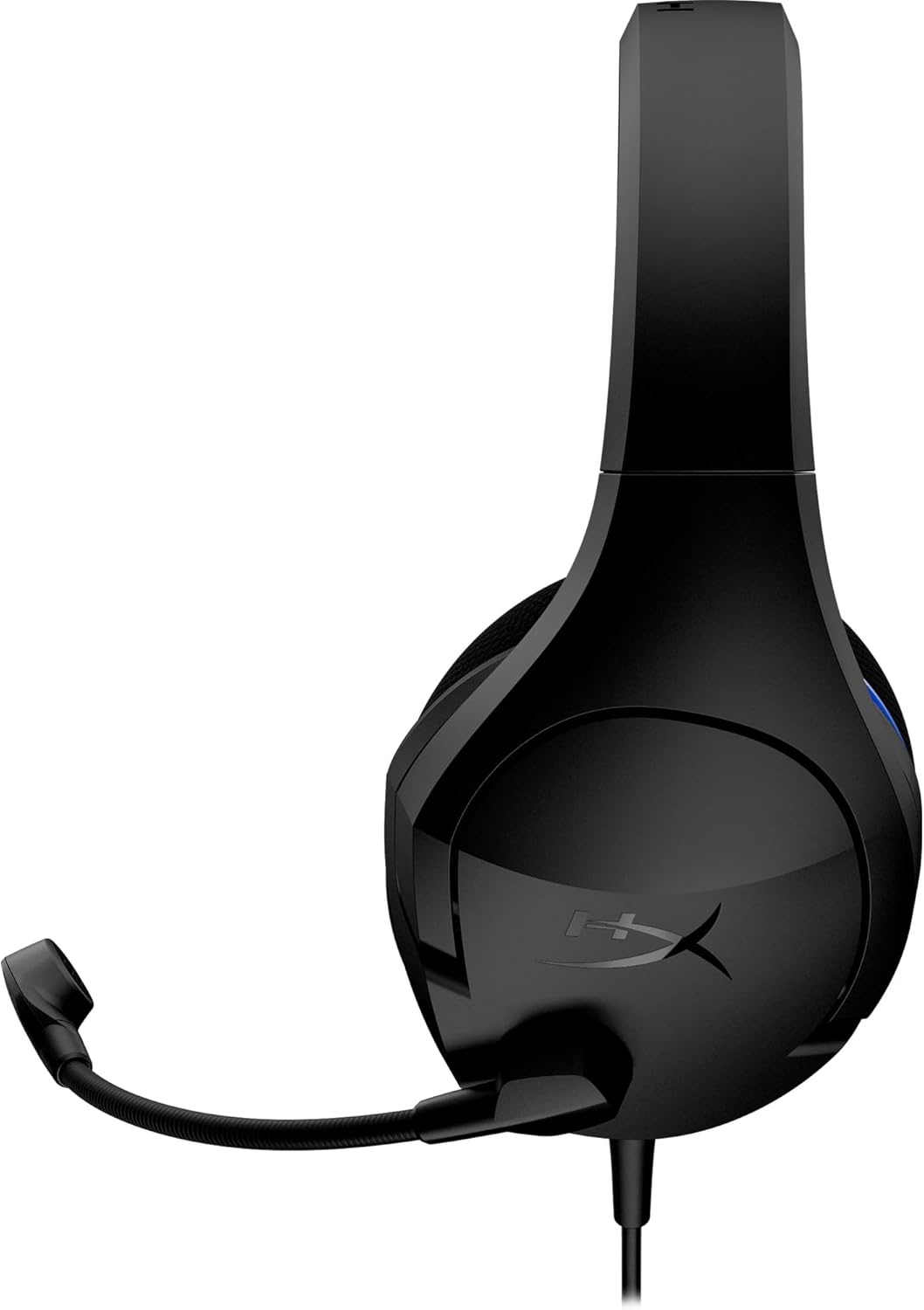 Vista lateral do headset gamer HyperX Cloud Stinger Core preto com microfone flexível