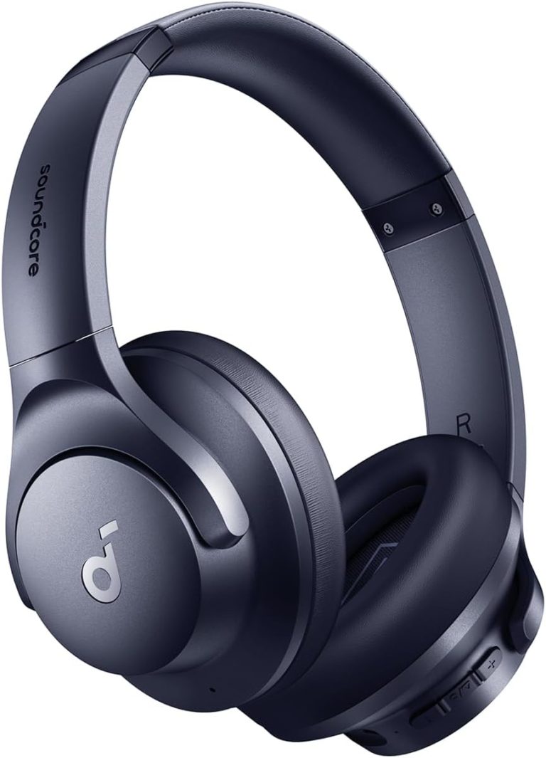 Fone de ouvido Bluetooth Soundcore Q20i azul escuro com cancelamento de ruído híbrido.