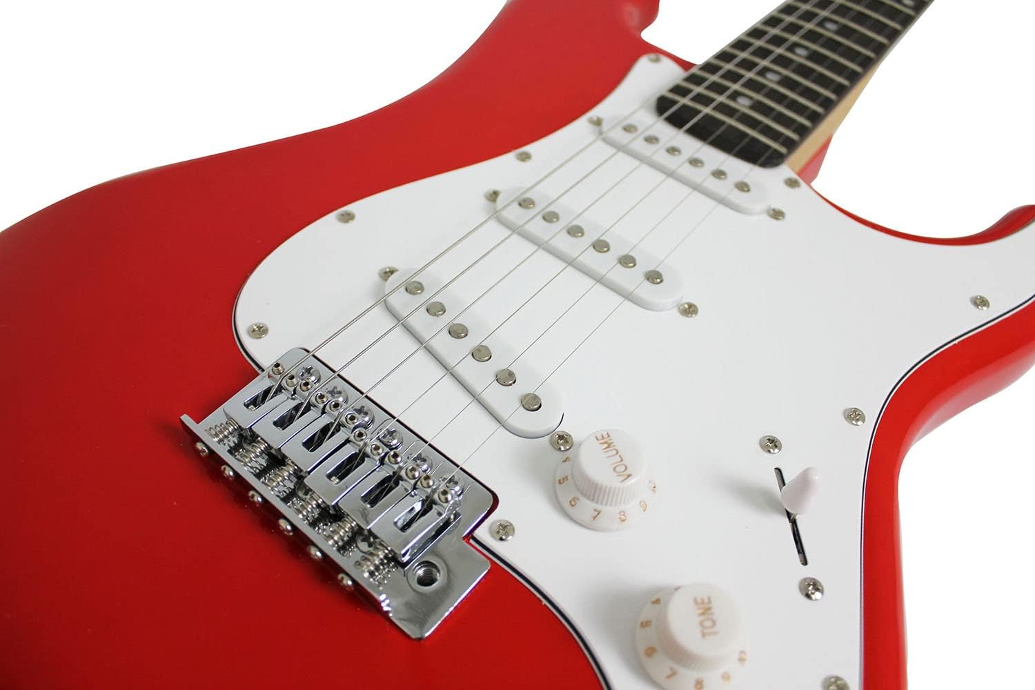 Detalhe ponte e captadores guitarra elétrica Queen's ST vermelha com escudo branco