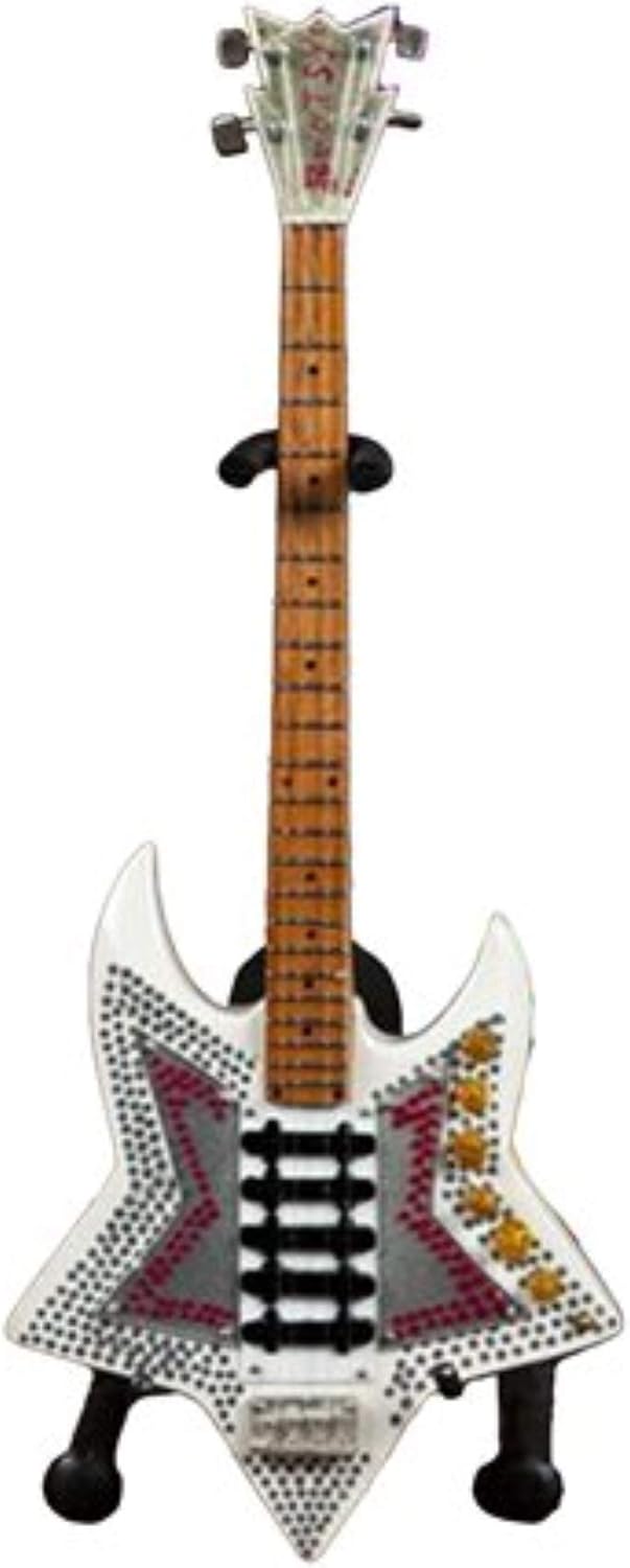 Mini guitarra AXE HEAVEN Bootsy Collins Space Bass BC-279 em madeira maciça, corpo branco estilizado com detalhes coloridos, em suporte preto.