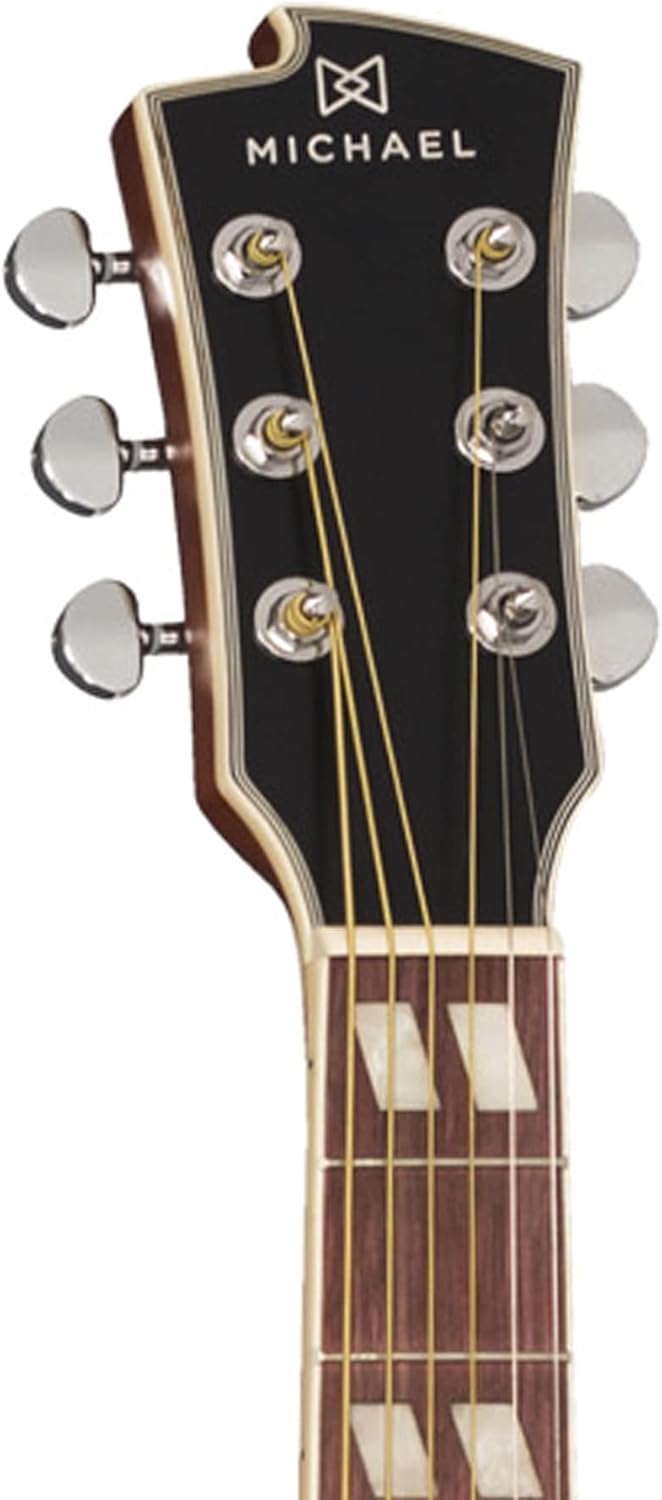 Cabeça do violão elétrico Michael Galaxy Folk com logo Michael, tarraxas cromadas e acabamento preto.